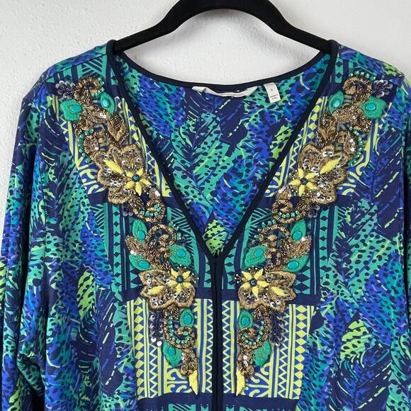Soft Surroundings L Green Blue Beaded Embroidered Tunic Top Forest Fairy Boho - Picture 7 of 8